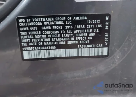 2013 Volkswagen Passat 2.5L Se from USA, damaged, VIN 1VWBP7A3XDC047480